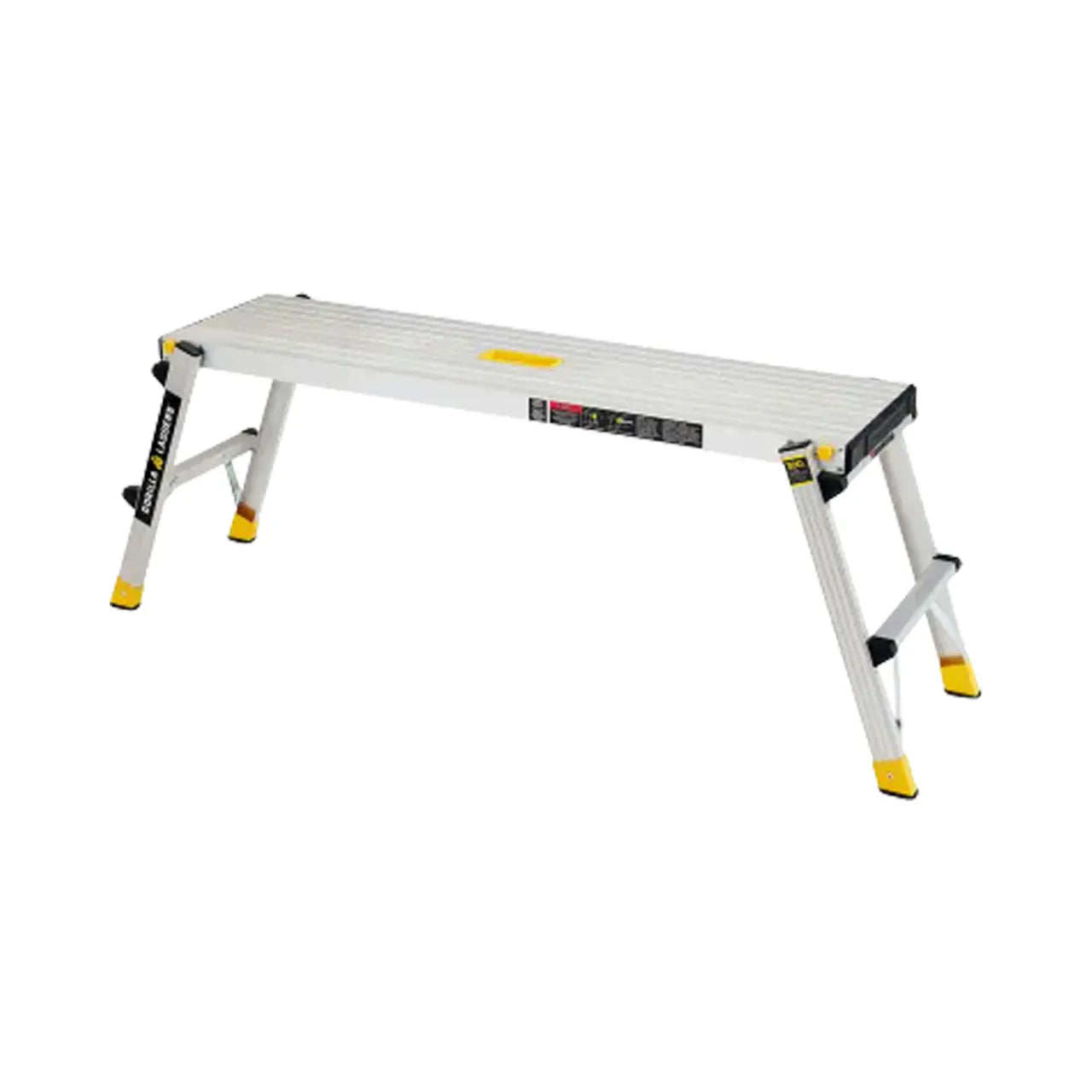 The Go Build 47.25 in. x 12 in. x 20 in. Aluminum Slim-Fold Work Platform supports up to 300 lbs., features a nonslip surface, foldable legs, and yellow safety accents—ideal for standing or reaching elevated areas.